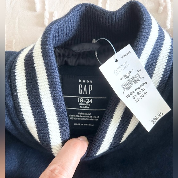 GAP Varsity Jacket Gal Fleece Fall Winter Jacket Navy Blue Wool Sz 18-24mo NWT - Picture 2 of 6